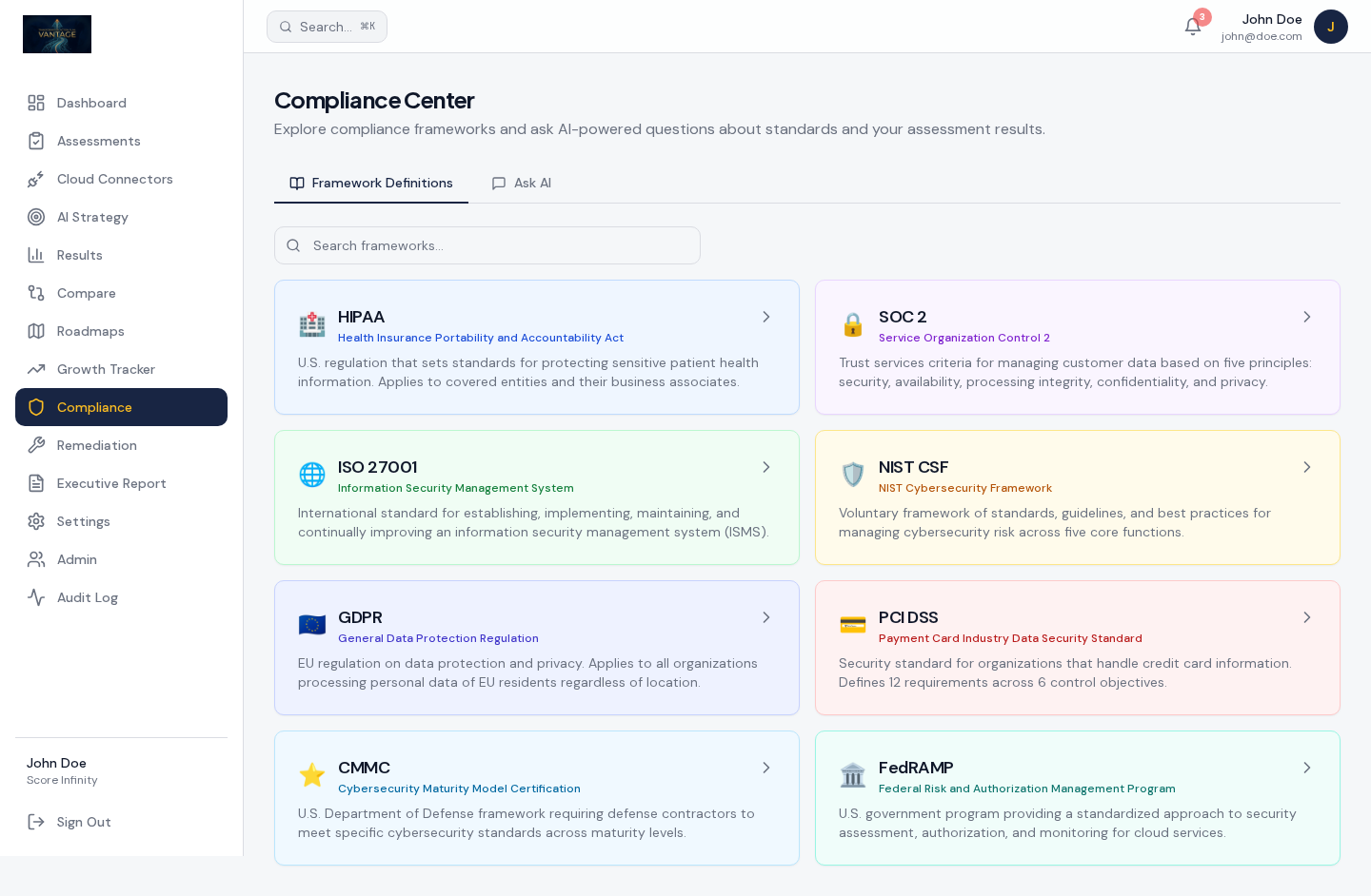 Vantage compliance center showing SOC 2, ISO 27001, NIST CSF and other frameworks